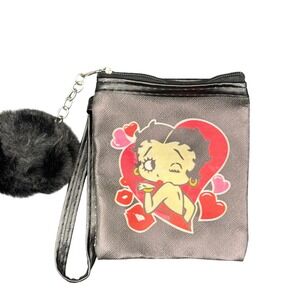 Betty Boop Heart‎ Kiss Wristlet Pouch Coin Purse Black Faux Leather Fuzzy Charm